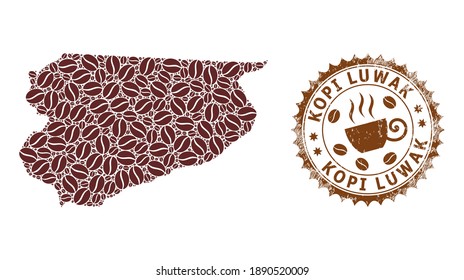 Coffee mosaic map of Warmian-Masurian Voivodeship and Kopi Luwak grunge stamp seal. Vector map of Warmian-Masurian Voivodeship collage is composed from coffee.