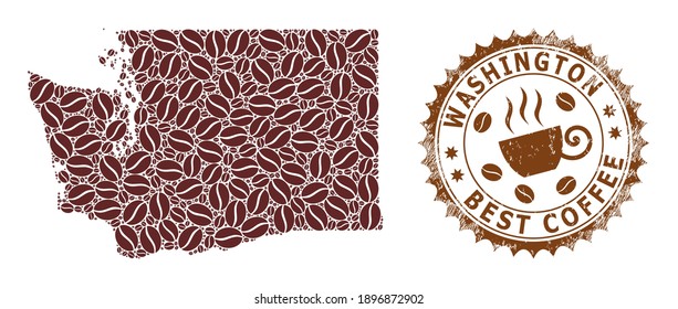 Coffee mosaic map of Washington State and grunge stamp seal. Vector map of Washington State collage is designed of coffee. Round rosette stamp in brown colors.