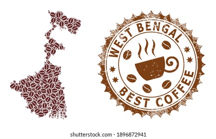 Coffee mosaic map of West Bengal State and unclean stamp. Vector map of West Bengal State collage is designed with coffee beans. Round rosette stamp in brown colors.