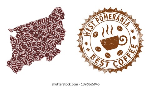 Coffee mosaic map of West Pomeranian Voivodeship and rubber stamp. Vector map of West Pomeranian Voivodeship collage is formed from chocolate beans. Round rosette stamp in brown colors.
