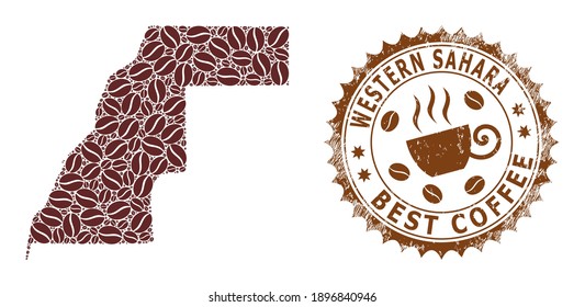 Coffee mosaic map of Western Sahara and unclean stamp. Vector map of Western Sahara collage is designed with coffee seeds. Round rosette stamp in brown colors.