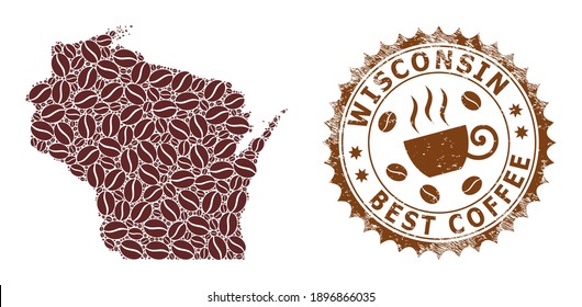 Coffee mosaic map of Wisconsin State and distress mark. Vector map of Wisconsin State collage is designed from coffee grains. Round rosette stamp in brown colors.