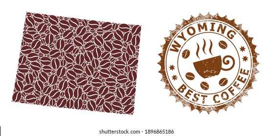 Coffee mosaic map of Wyoming State and grunge stamp seal. Vector map of Wyoming State collage is formed of coffee beans. Round rosette stamp in brown colors.