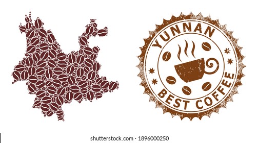 Coffee mosaic map of Yunnan Province and distress stamp. Vector map of Yunnan Province collage is designed from cocoa seeds. Round rosette stamp in brown colors.