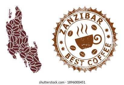 Coffee mosaic map of Zanzibar Island and corroded stamp seal. Vector map of Zanzibar Island collage is composed of chocolate. Round rosette stamp in brown colors.