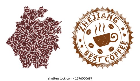 Coffee mosaic map of Zhejiang Province and distress badge. Vector map of Zhejiang Province collage is composed from coffee seeds. Round rosette stamp in brown colors.