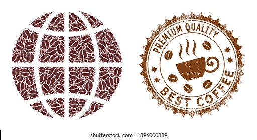 Kaffeemobsaik Planet Globus und Grunge Stempel. Die Kollektion des Planeten Vectoris besteht aus Kaffee. Rundstempel in braunen Farben. Vektorkomposition für beste Kaffeemaschinen.