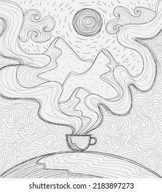 coffee, mountain, skies and moon, digital line art illustration design, the design can be used for print and digital needs