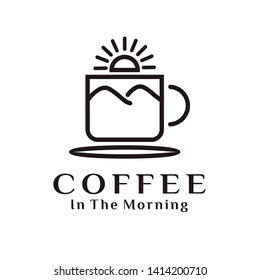 Coffee with Mountain and sun logo design vector or Illustration Drink A Cup of Coffee In The Morning