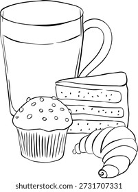Coffee muffin cake croissant Cafe composition hand drawn illustration. Vector graphic line ink Black white art. Silhouette sign for logo, print, comics, fashion, pop art, boards, design, stickers,