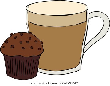 Café e Muffin Ícone, Café da manhã Conceito composição mão desenhada ilustração. Arte colorida com tinta de linha gráfica vetorial. Para pôster, convite, plano de fundo, anúncio, promoção de vendas, impressão para camiseta


