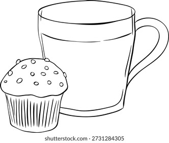 Icono de café y magdalena, ilustración dibujada a mano de composición de concepto de desayuno. Vector línea gráfica tinta Arte blanco y negro Para cartel, invitación, telón de fondo, anuncio, promoción de venta, impresión para camiseta
