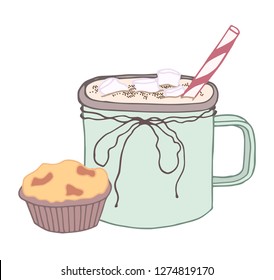 Coffee with muffin, pastel vector illustration on white background