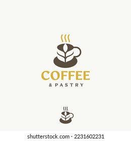 Coffee and muffin pastry cup ear cafe restaurant breakfast vector logo