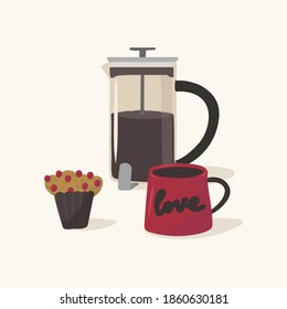 Coffee with muffins poster. Illustration of coffee drinks with dessert for cafe or cooking. Hand drawing in flat style coffee maker, mug, muffin with berries. Picture with symbols of hot drink and