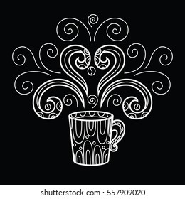 Coffee mug with abstract drawing in the style of zentangle, doodle . Hand drawn illustration on a black background. Vector illustration