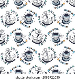 Coffee mug and Anchor. Seamless pattern on a white background. Cute vector illustration.