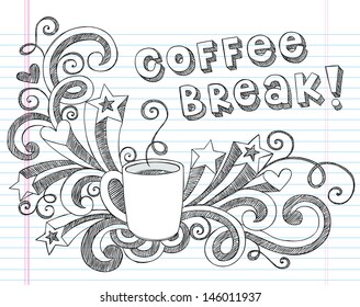 Coffee Mug Back to School Sketchy Notebook Doodles with Lettering, Shooting Stars, and Coffee Tea Cup- Hand-Drawn Illustration Design Elements on Lined Sketchbook Paper Background