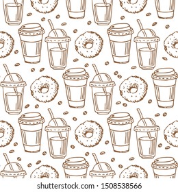 Coffee mug and bagels on white background. Seamless pattern for fabric, wallpaper, banner or wrapping paper. Hand drawn style.