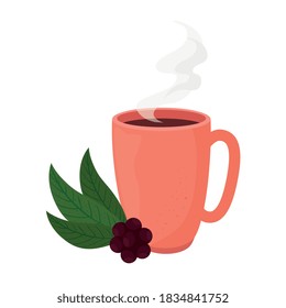 coffee mug with beans and leaves design of drink caffeine breakfast and beverage theme Vector illustration