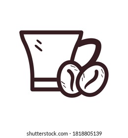 Coffee mug with beans line style icon design of time drink breakfast beverage shop morning store aroma and caffeine theme Vector illustration