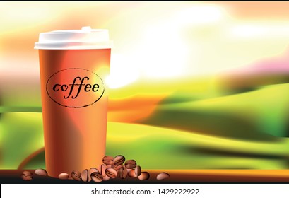 coffee mug and coffee beans on wooden table and sunset or sunrise view