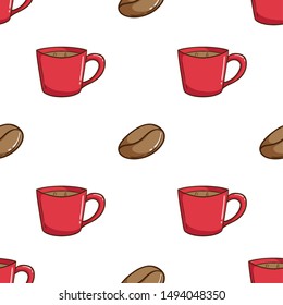 Coffee Mug and Coffee Beans in Seamless Pattern With Doodle Style