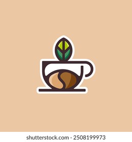 A Coffee Mug with Coffee Beans an Tea Leaf Drink Cafe in Sticker Style Logo Design Vector