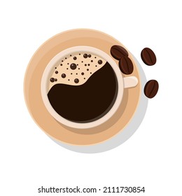 Coffee mug and coffee beans top view