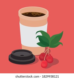 coffee mug with berries and leaves design of drink caffeine breakfast and beverage theme Vector illustration