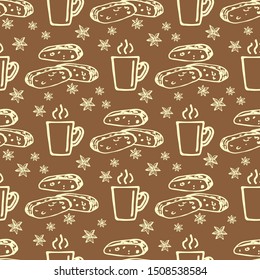 Coffee mug and biscotti on white background. Seamless pattern for fabric, wallpaper, banner or wrapping paper. Hand drawn style.