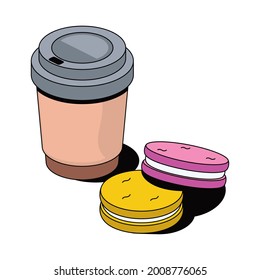 Coffee mug and biscuit cake. Vector 3d sketch line isometric, color icon illustration, flat style. Creative design idea and elements for infographics and website.