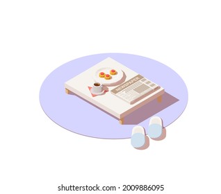 A coffee mug, cakes, newspaper o the coffee table and slippers. Vector isometric illustration