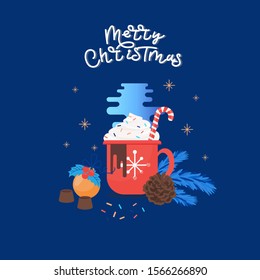 Coffee Mug with candies and spruce branch and cone. Merry Christmas. Vector illustration. 