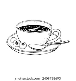 Coffee mug with cappuccino, spoon and blueberries vector black and white illustration for menus, invitations and logos