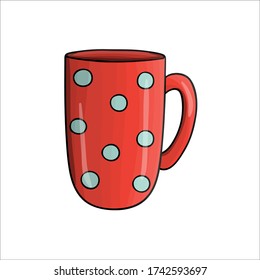 Icono de la caricatura de tazas de café. Ilustración vectorial de la taza de té de color. La vajilla de un punto polka rojo de arte lineal aislada en fondo blanco. Vajilla de cocina estilo Doodle