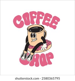 coffee mug character sitting on a donut