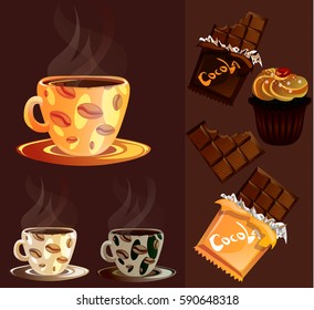 Coffee mug with chocolate and cake