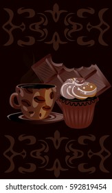 Coffee mug with chocolate and cake
