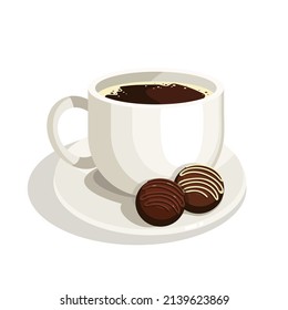 Coffee mug with chocolates.Cartoon vector graphic.