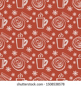 Coffee mug and cinnamon bunns on white background. Seamless pattern for fabric, wallpaper, banner or wrapping paper. Hand drawn style.
