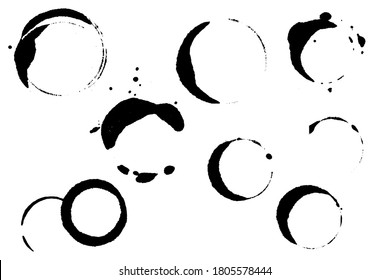 Coffee mug circles black vector illustration on white background. Usug stain ring clipart. Wet cup mark and splatter. Cafe menu decor. Wet circle on table. Coffee mark  texture. Cafe bar table surface