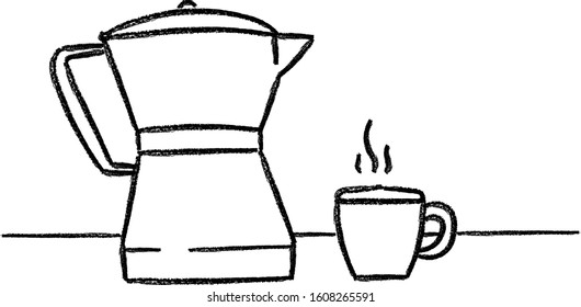 coffee mug and coffeepot hand drawn crayon vector illustration 