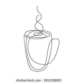 Coffee mug Continuous one line drawing, Hot beverage in big cup with steam Vector minimalist linear illustration made of thin single line, Design element isolated