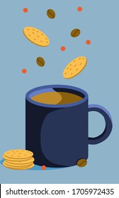 coffee mug with cookies and coffee beans, stock vector illustration