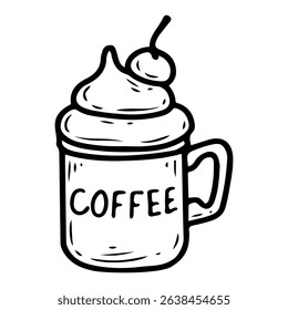Coffee mug with cream and cherry. Hand drawn doodle vector. Invigorating hot drink brewed from roasted beans. Cappuccino, raf, glace, latte. Illustration line art element.