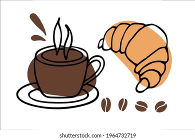 Coffee mug with croissant sketch. Tasty morning breakfast. Hot drink and pastries. Line art in minimalist style. Banner, poster Template for coffee shop or restaurant. Hand drawn doodle clipart
