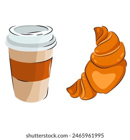 Coffee mug and croissant. Vector isometric, color web icon, new flat style. Creative illustration design, isolated graphic idea for infographics.
