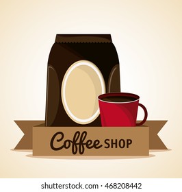 Coffee mug cup bag shop beverage icon. drink and break time design, vector illustration