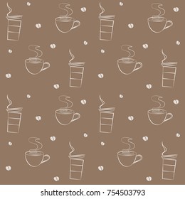 Coffee mug, cup and beans on brown background. Winter wallpaper, print, fabric, card, cover, seamless pattern.